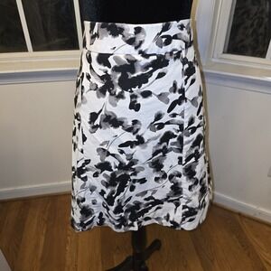 H&M Womens White And Black‎ Floral Print A-Line Skirt Size 16 Stretch Workwear